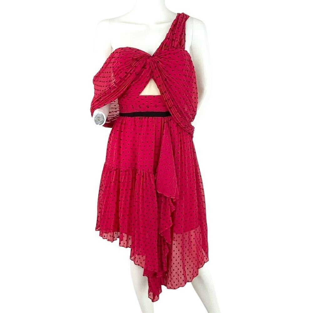 Self-Portrait Dress Pink Polka Dot One Shoulder Sheer Mesh Knee length Sz 6